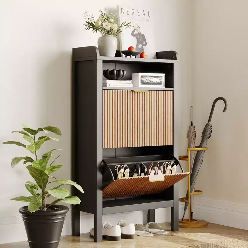 Shoe Storage Cabinet with 2 Flip Drawers, Fluted Narrow Shoe Organizer with Legs, Freestanding Hidden Cabinet for Entryway and Hallway