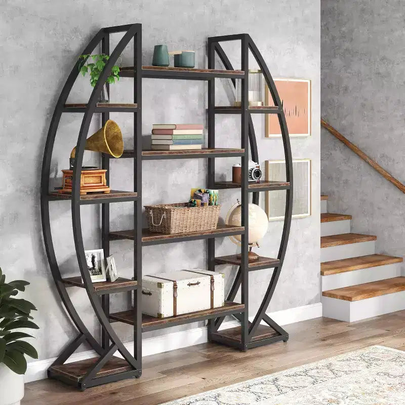 Triple Wide 5-Tier Oval Etagere Bookcase, Industrial Display Shelves, Brown 55