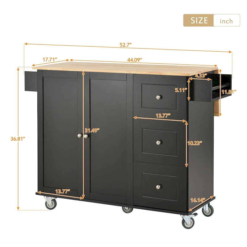 Rolling Kitchen Island with Drop Leaf Breakfast Bar Solid Wood Top 3 Drawers and Spice Rack
