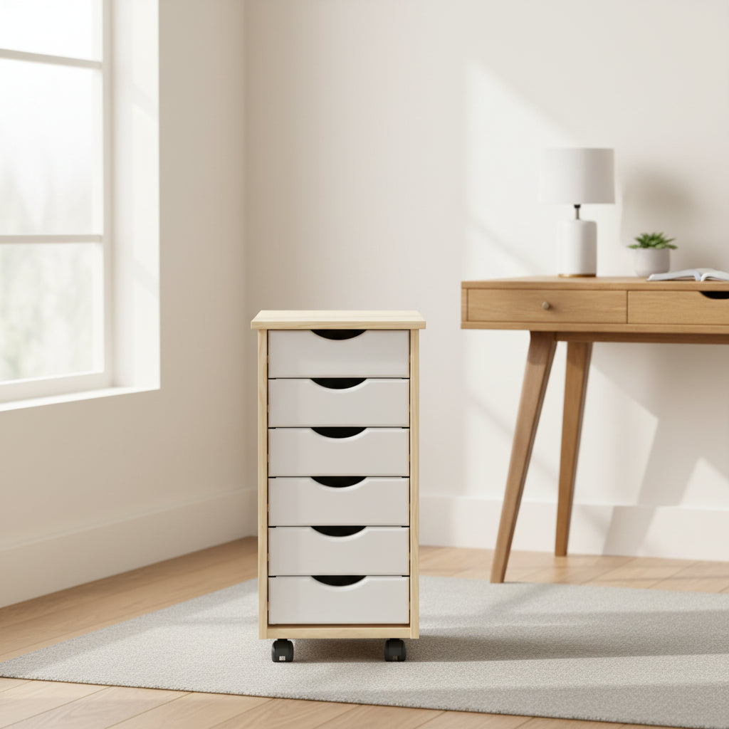 Solid Wood 6-Drawer Narrow Roll Cart, Natural and White
