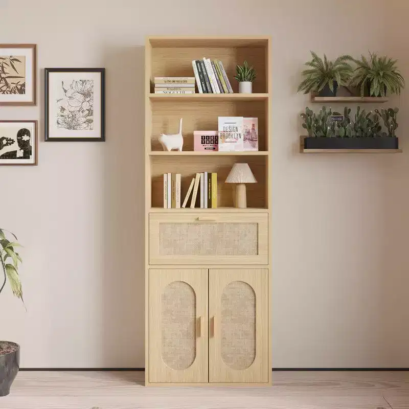 Karl Home Tan Rattan Display Cabinet with 3-layer 1-drawer 2-door 70.86in.H