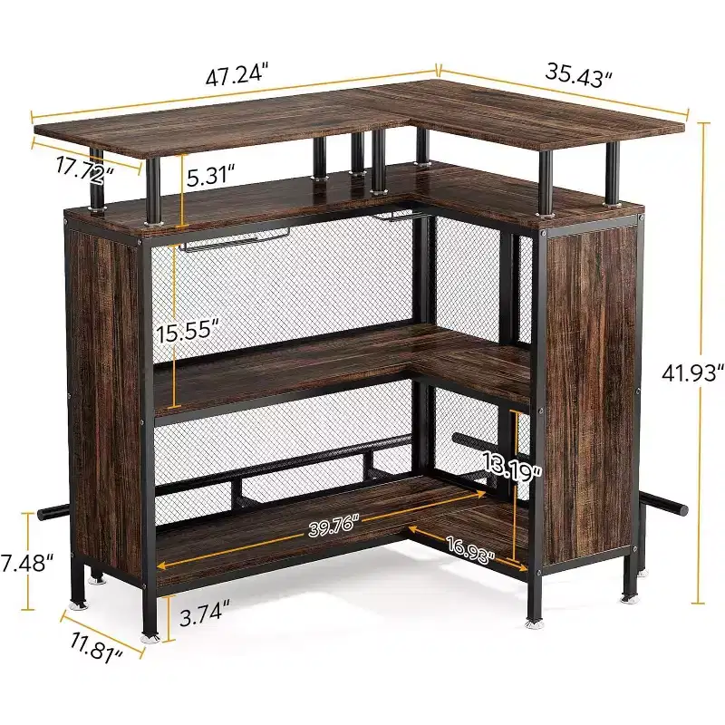 2-Tier L-Shaped Home Bar Unit – Stemware Racks, Open Shelves, Metal Mesh