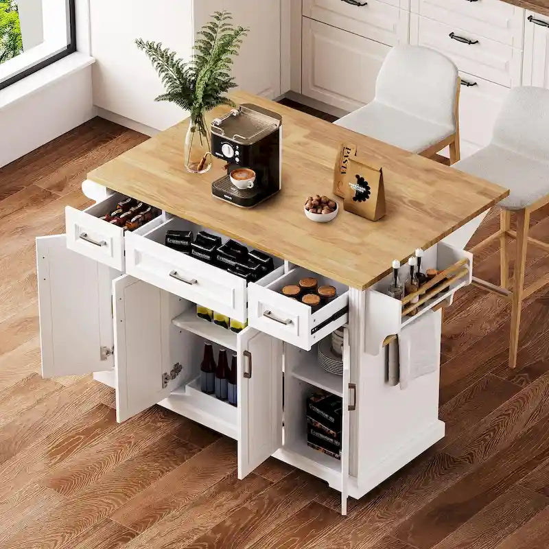 54  Large Kitchen Island with Rubber Wood Drop Leaf, Embossed Texture Rolling Kitchen Cart on 4 Wheels with 4 Doors & 3 Drawers