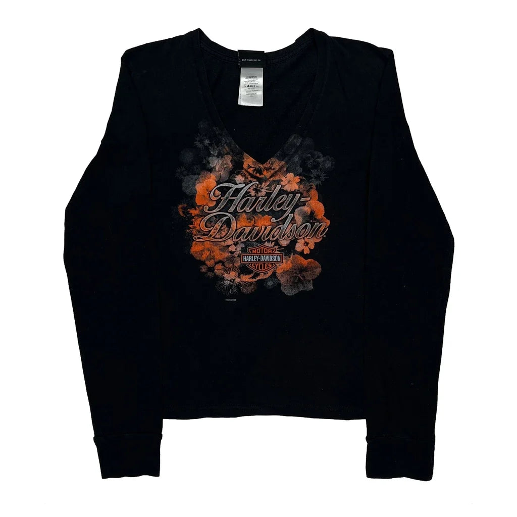 Women's Black Graphic Long Sleeve V-Neck T-Shirt Regular Fit Cotton