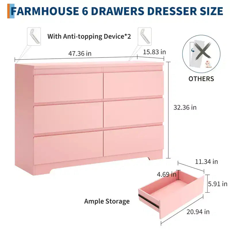 6-Drawer Dresser with Farmhouse Style, 47 Inch Wide