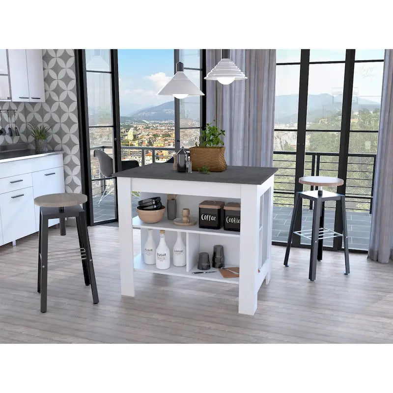 Transitional Kitchen Island with Dark Onyx Top and 3 Open Shelves