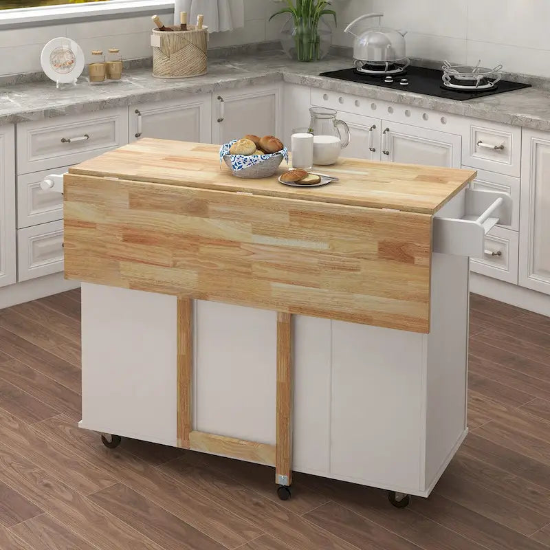 Rolling Kitchen Island Cart with Folding Top Drawers and Spice Rack