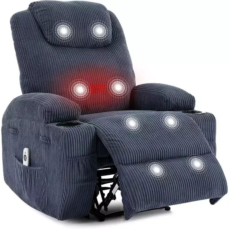 Recliner Chair with Massage and Heat, 135 Adjustable Corduroy Single Sofa for Living Room & Bedroom, Cup Holders & Pockets