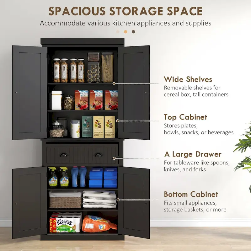 72 Kitchen Pantry Storage Cabinet, Traditional Freestanding Cabinet with 4 Doors and 3 Adjustable Shelves, Large Central Drawer