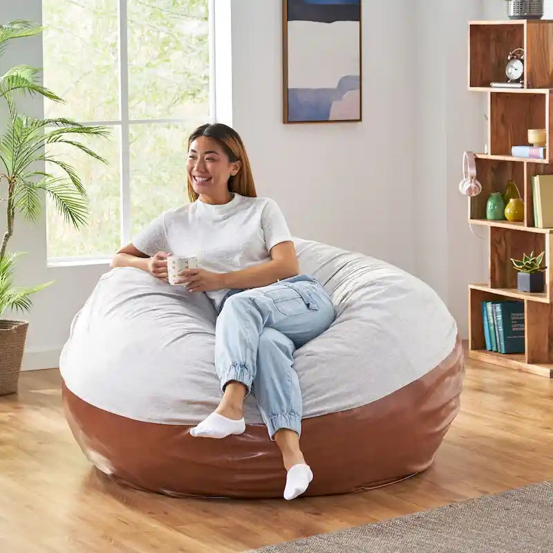 Modern 5 Foot Two Toned Fabric and Faux Leather Bean Bag