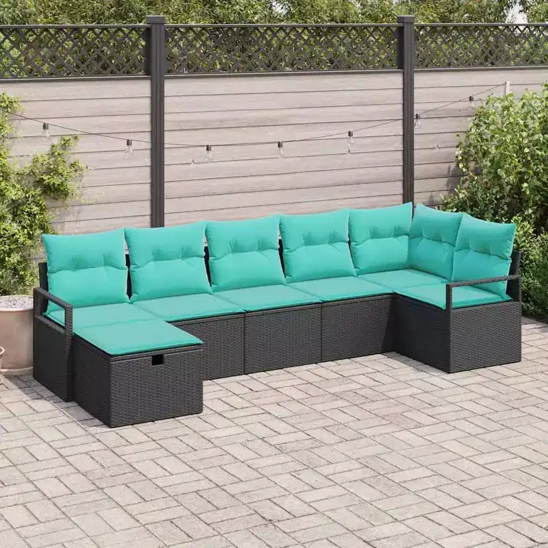 vidaXL Garden Sofa Set with Cushion 7 pcs Black Poly rattan - Black without table Blue