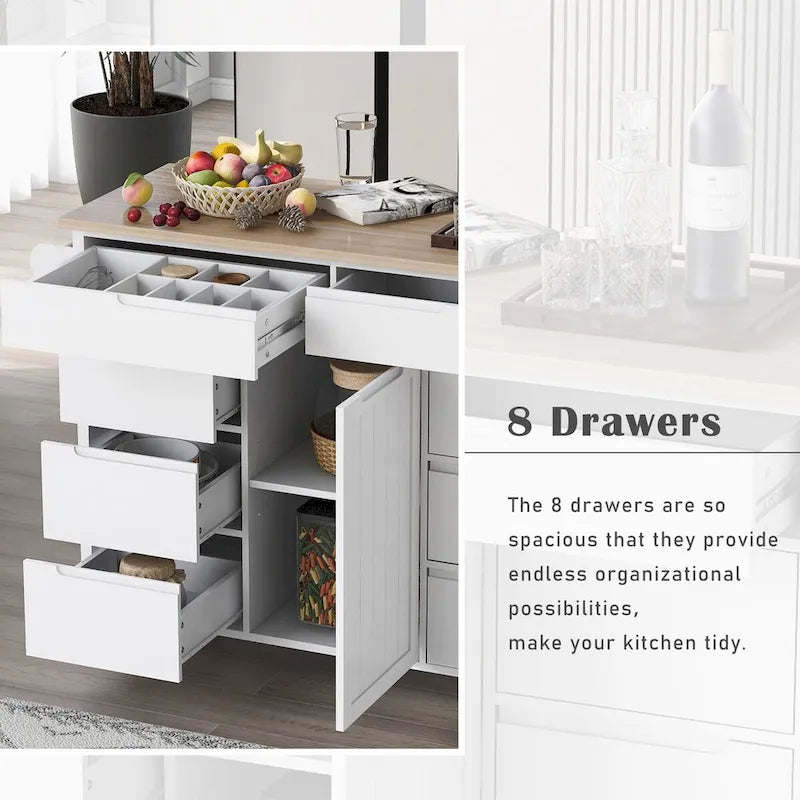 Rolling Kitchen Island Cart with 8 Handle-Free Drawers Rubberwood Top and Spice Rack
