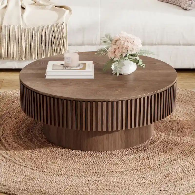 Modern Solid Wood Veneered Round Coffee Tea Table with Storage