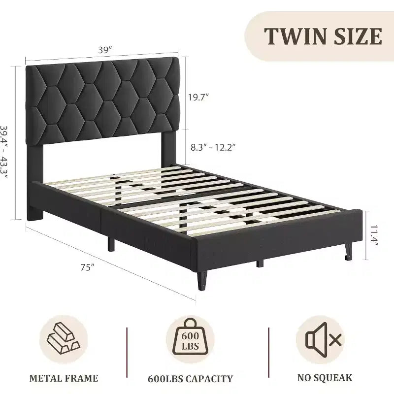 Upholstered Headboard Platform Bed Frame - Heavy-Duty Wood Slats, Noise-Free, No Box Spring Needed, Easy Assembly