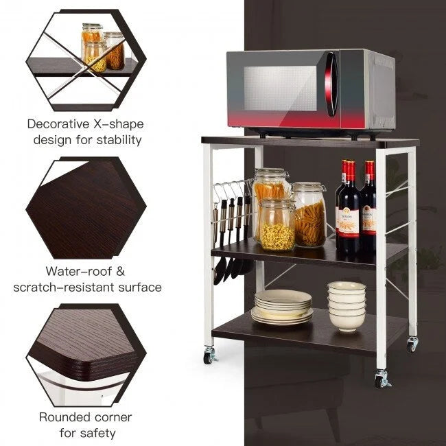 Rustic Brown 3-Tier Rolling Baker's Rack Microwave Cart with S-Hooks