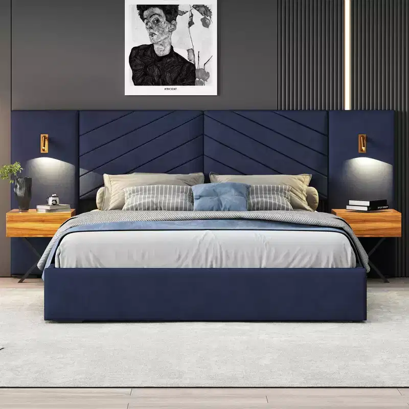 GDFStudio Salome 3pcs Velvet Upholstered Bedroom Furniture Set with Two LED Nightstands