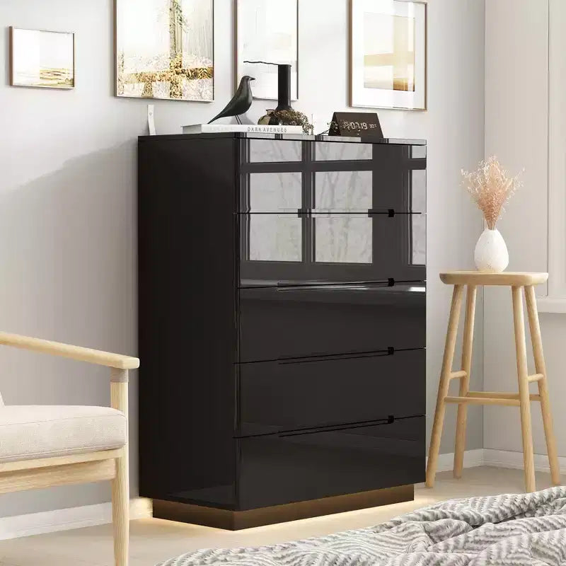 High Gloss 5 Drawer Dresser with Underlight, Concealed Handle Chest of Drawers
