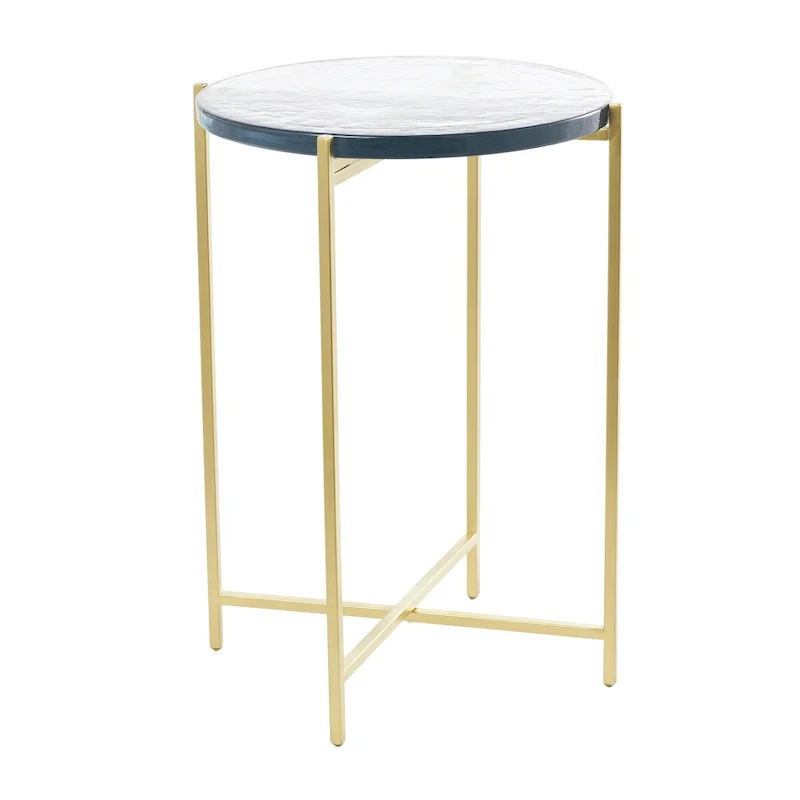 Metal X-Shaped Side End Accent Table with Textured Glass Tabletop - Gold or Black