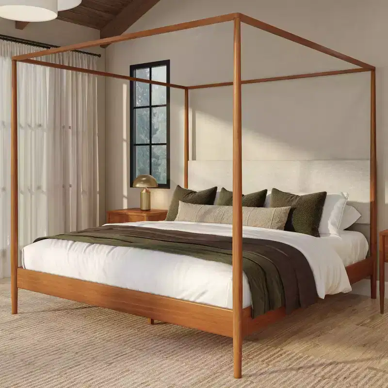 King Canopy Bed with Upholstered Headboard, Blonde/Swiss Coffee