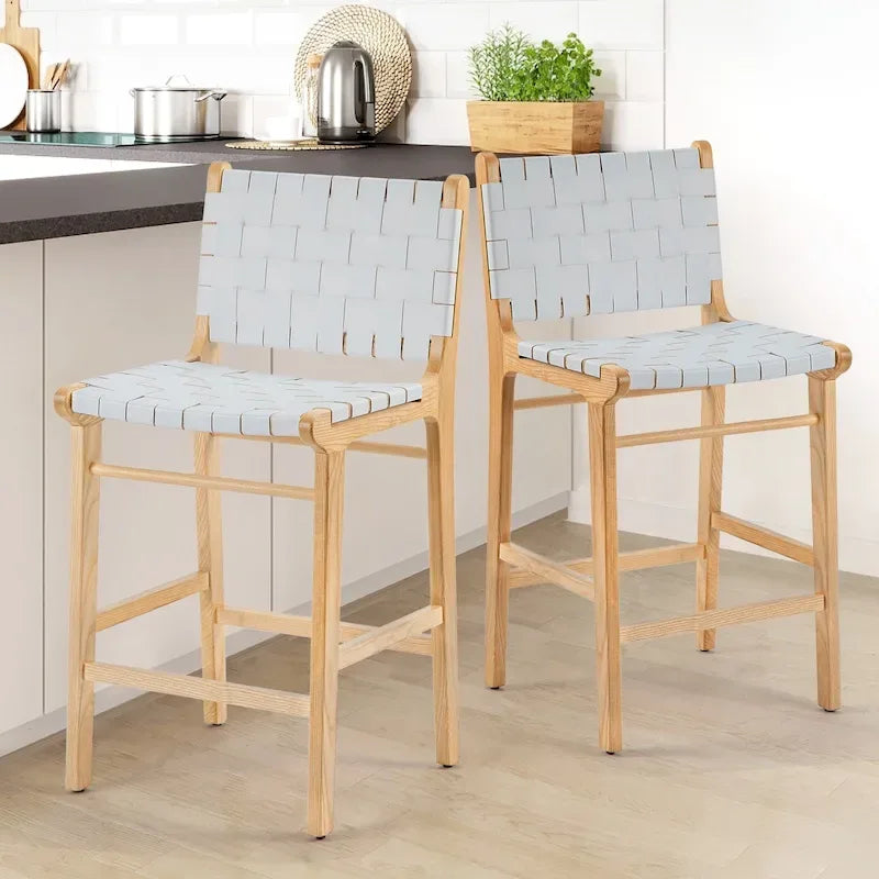 Woven Leather Counter Height Bar Stool, Ash Wood Frame, No Assembly