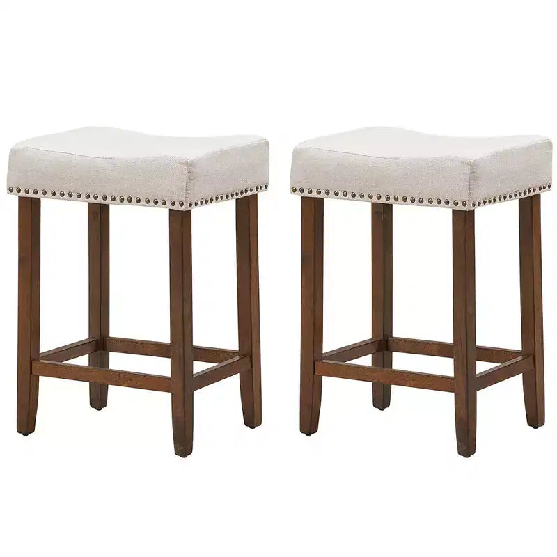Set of 2 Nailhead Saddle Bar Stools 24 with Fabric Seat & Wood Legs, Beige/Gray