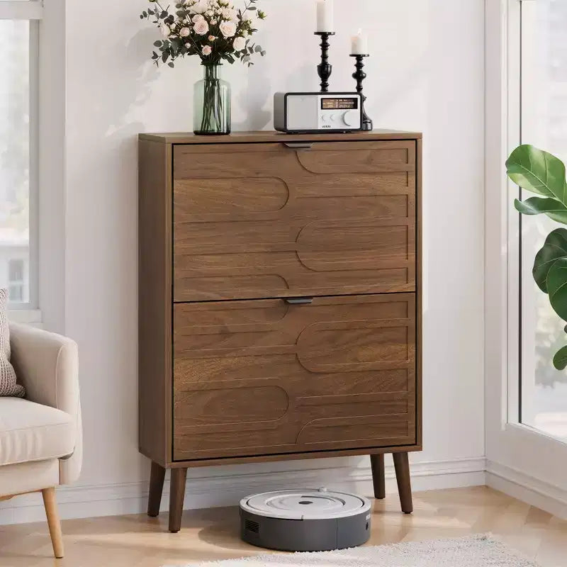 Modern Freestanding Shoe Cabinet with 2 Flip Drawers - Mid-Century Storage Rack for Entryway