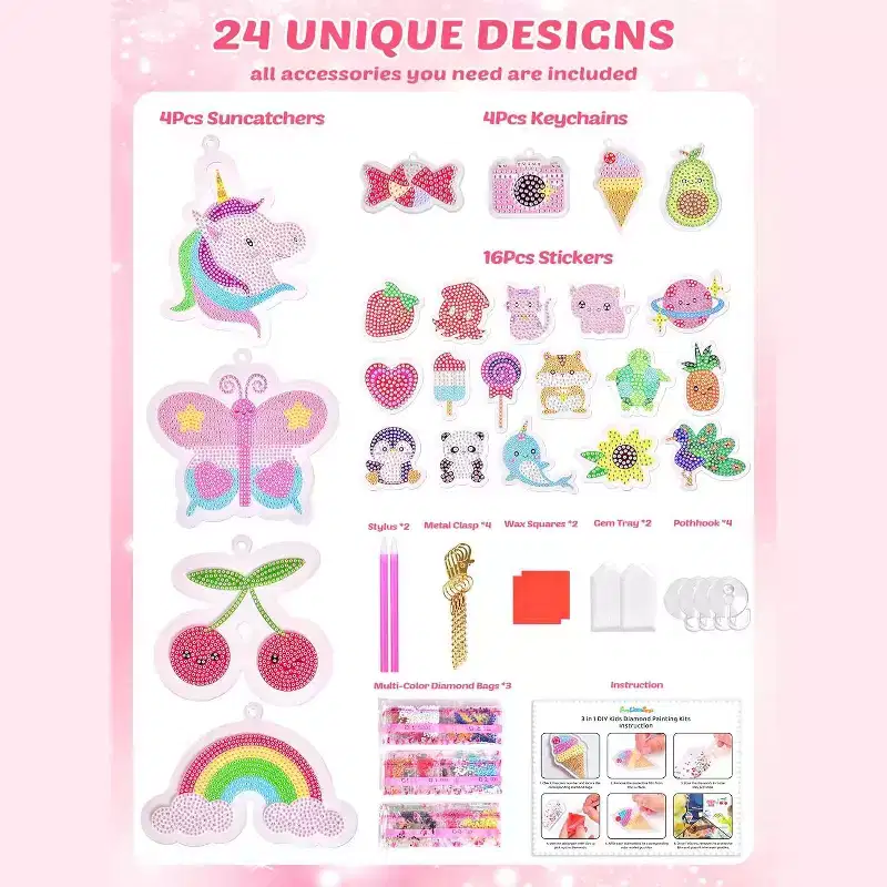 24Pcs Diamond Art Kits, Diamond Painting Kits, Arts and Crafts for Kids Ages 6-12, Gem Art As Gifts Ideas for Girls and Boys