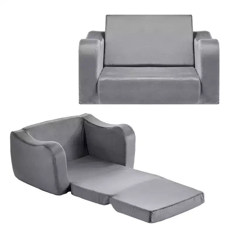 2-in-1 Kids Sofa, Foldable Toddler Soft Couch with Armrests, Made of 28D Sponge & Short Pile, Convertible Toddler Chair to Lounger, M, Gray