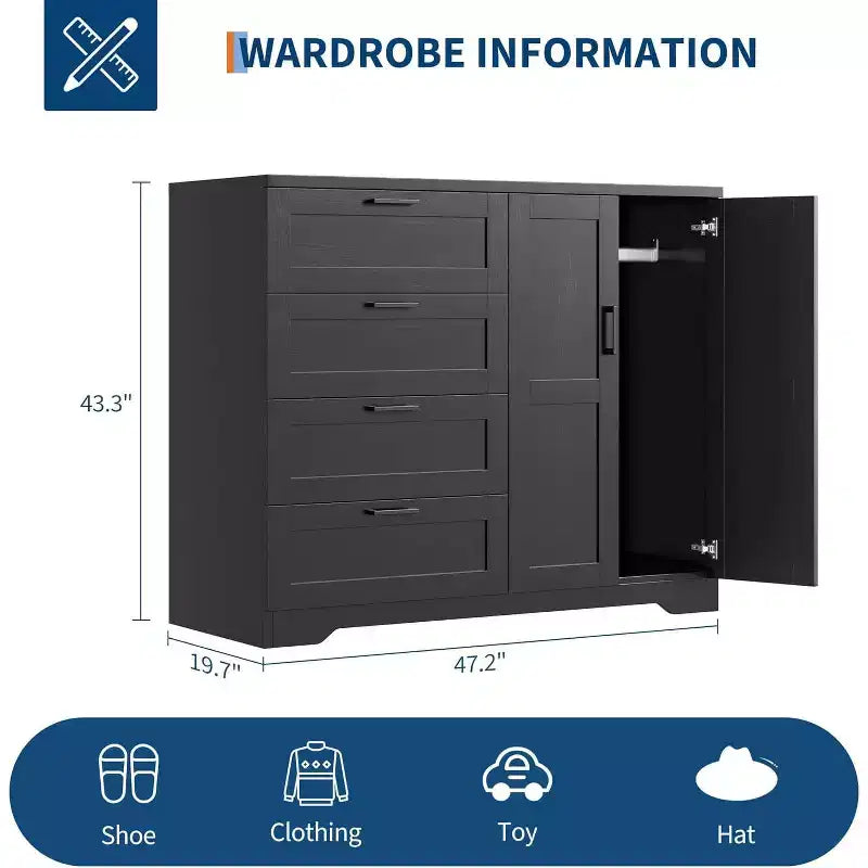 43.3 Inch Black Storage Dresser with 4 Drawers and Hanging Rod, Multifunctional Organizer for Bedroom, Easy Assembly