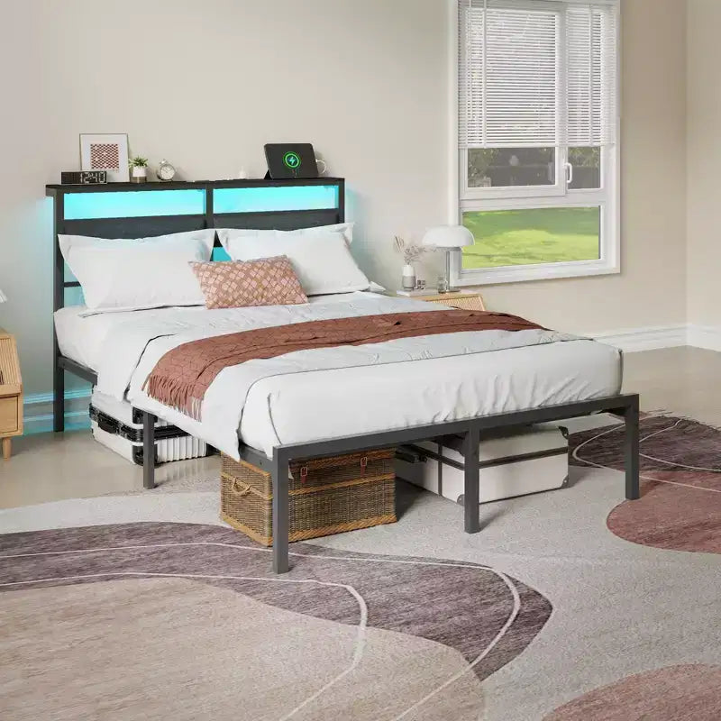 Full Size Modern Metal Platform Bed Frame with Storage Headboard RGB LED Lights Charging Station USB Ports No Box Spring Needed Noise Free Black Bed