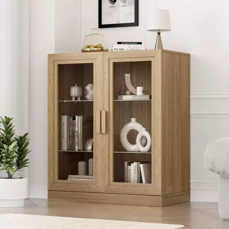 36x31x16 Wood Accent Cabinet with Adjustable Shelf Storage Cabinet Natural-Glass Door