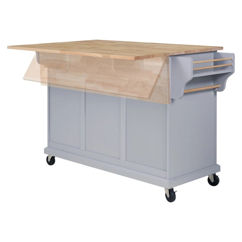 Grey Rolling Kitchen Island Cart with Natural Wood Top Drawers Cabinets and Spice Rack