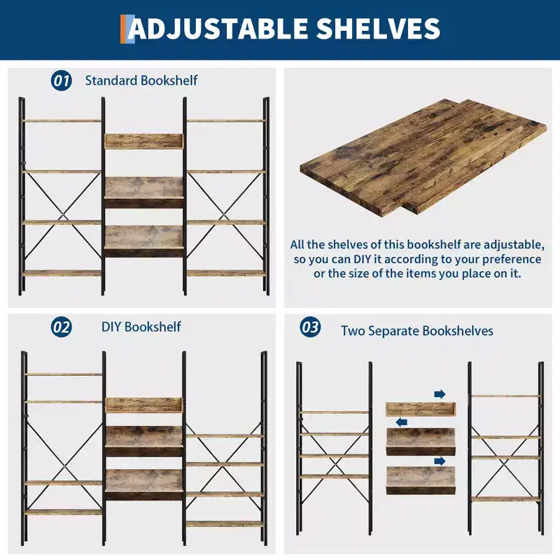 4-Tier Industrial Bookshelf, Triple Column Open Display, 72.8W