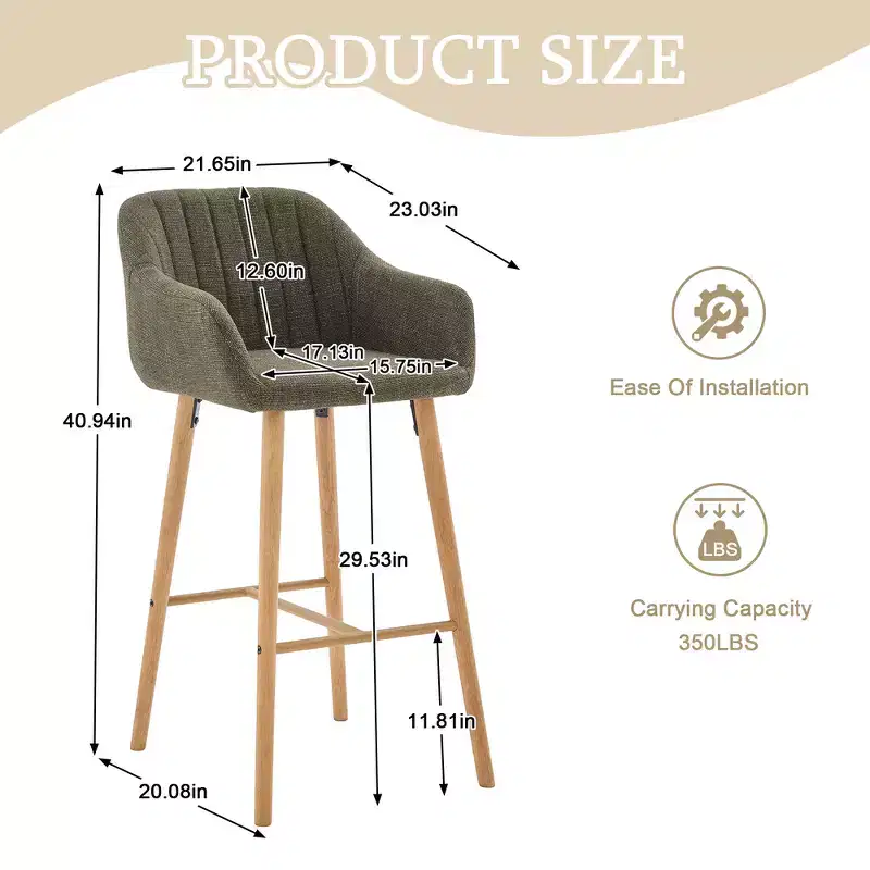 Zeus & Ruta Modern Linen Upholstery Bar Stools Set of 2 with Back, Armrest & Wood Legs, Kitchen Island Height