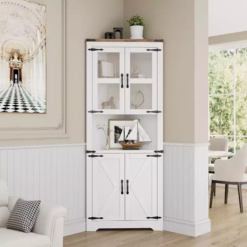 Corner Storage Cabinet, Farmhouse Corner Hutch Display Cabinet with Glass Doors, Wooden Storage Organizer for Living Room, Bathroom