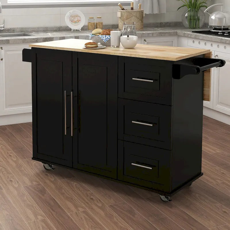Rolling Kitchen Island Cart with Folding Top Drawers and Spice Rack
