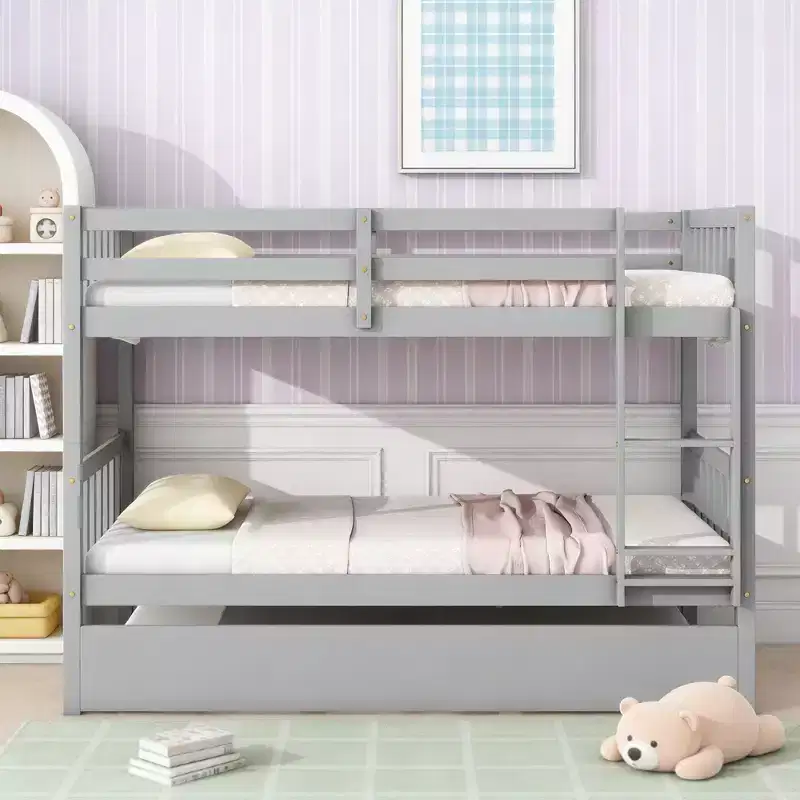 Twin Over Twin Modern Wood Bunk Bed with Trundle, Convertible into 2 Beds