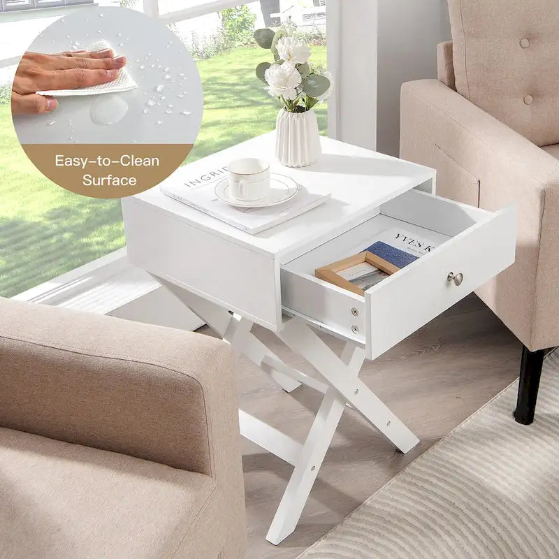 Modern X-Frame Side Table & Nightstand with Drawer