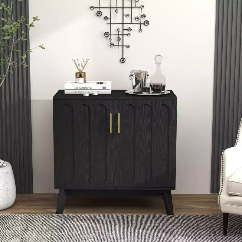 Mid Century Modern Fluted Sideboard Cabinet with Adjustable Storage, Solid Wood Bar Buffet Cabinet for Kitchen Dining/Living Room