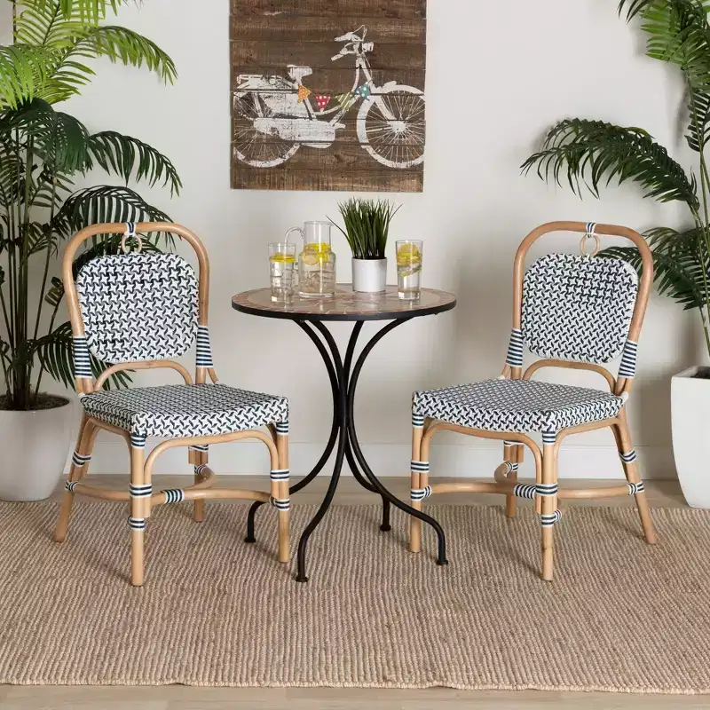bali & pari Luciana Modern French Blue and White Weaving Natural Rattan Bistro Chair