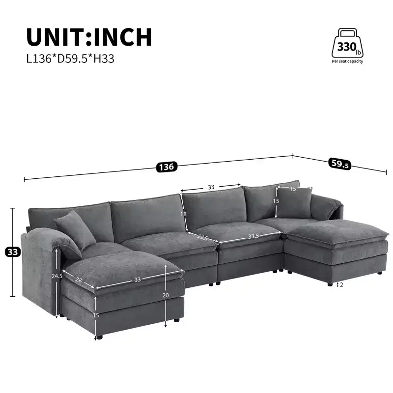 Polibi 6-Piece Chenille U-Shaped Modular Sectional Sofa with Dual Ottomans and Double-Layer Cushions
