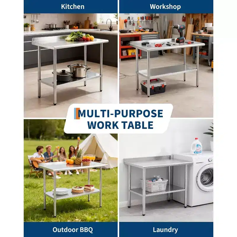 Stainless Steel Prep Table 24x48in, Commercial Kitchen Worktable with Backsplash and Adjustable Undershelf, Metal Food Prep Table for Restaurant