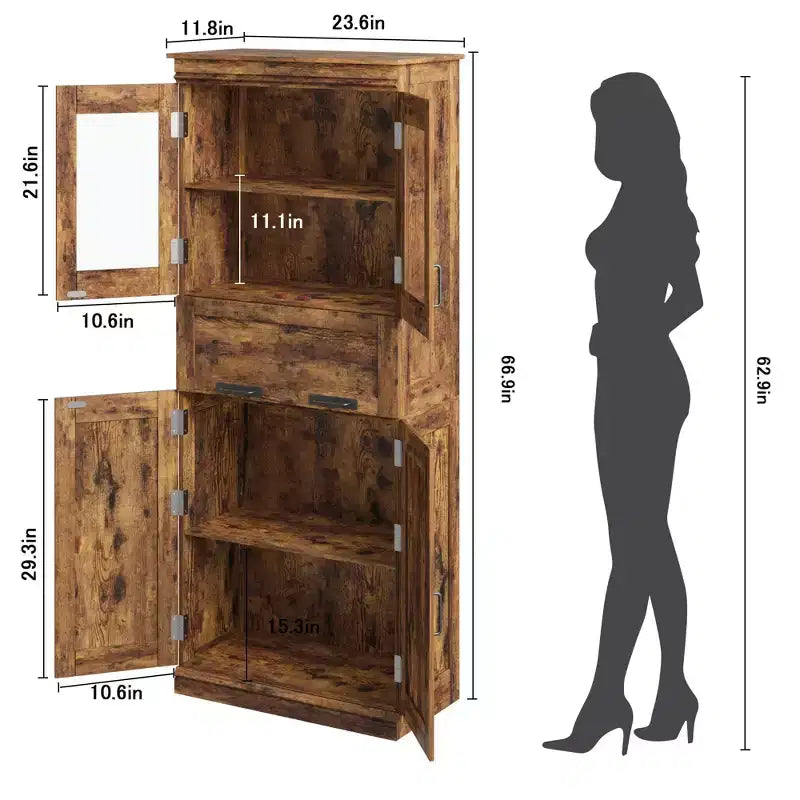 COZONY 67 Tall Bathroom Cabinet with 4 Doors & Glass Drawer - Freestanding Storage Cabinet with Adjustable Shelves, for Kitchen, Living Room