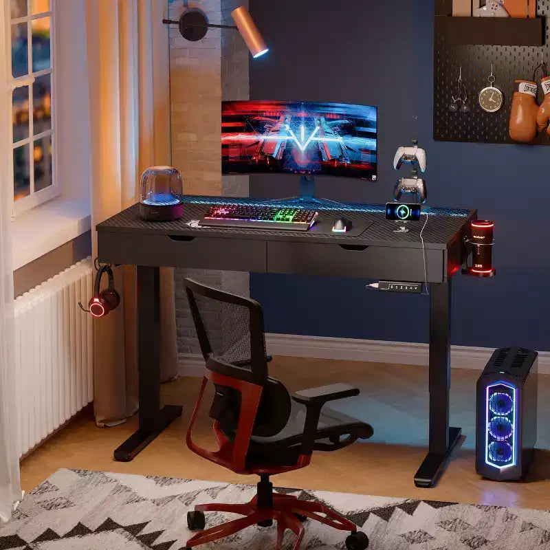 Bestier 47 Inch Electric Standing Desk with 2 Drawers & LED Light for Home Office, Height Adjustable Computer Desk, Gaming Table with USB Charging