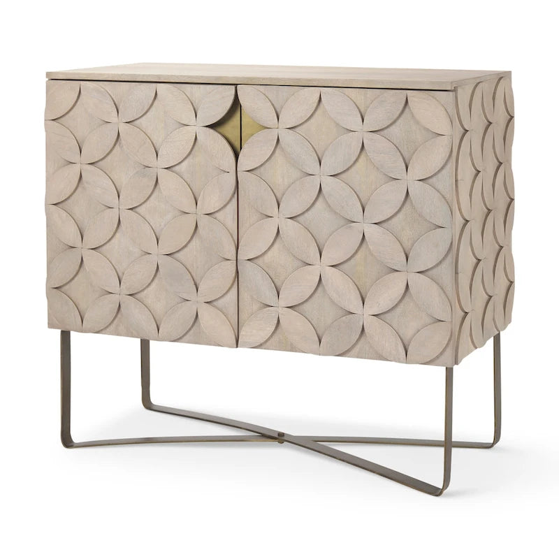 Light Brown Solid Wood 2-Door Accent Cabinet with Gold Iron Base