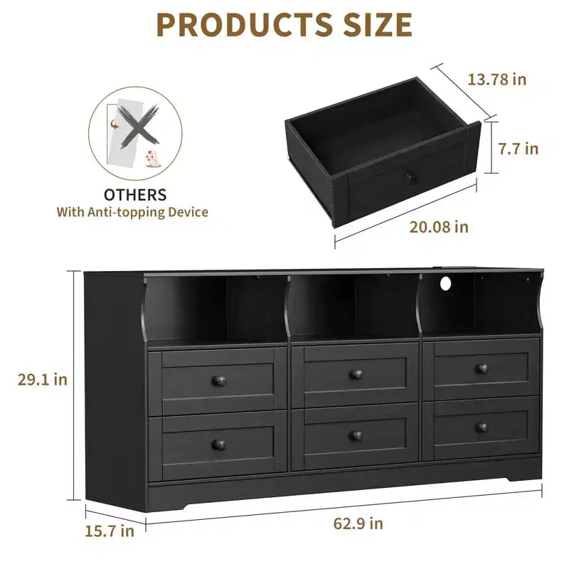 6 Drawer Dresser with Lights, 63''Wooden Chest of Drawers with Open Shelves, TV Stand Storage Cabinet for Living Room, Bedroom, Entryway