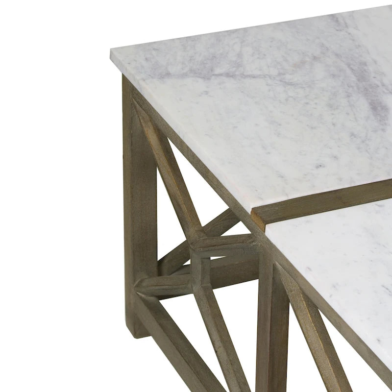 Coffee Table, 40 Inch Square White Marble Top, Sandblasted Ash Gray Mango Wood Geometric Frame
