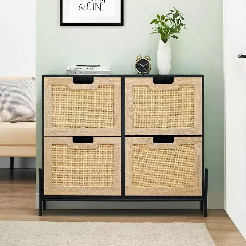 4-Door Freestanding Rattan Shoe Cabinet Organizer