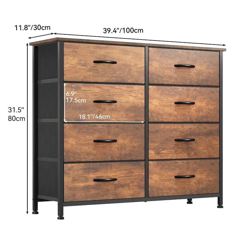Rustic Wood-grain Bedroom Dresser with Metal Frame, Wooden Top