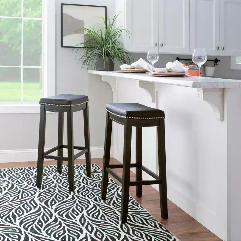 Set of 2 Faux Leather Barstools - Armless, Backless with Footrest, Fixed Height